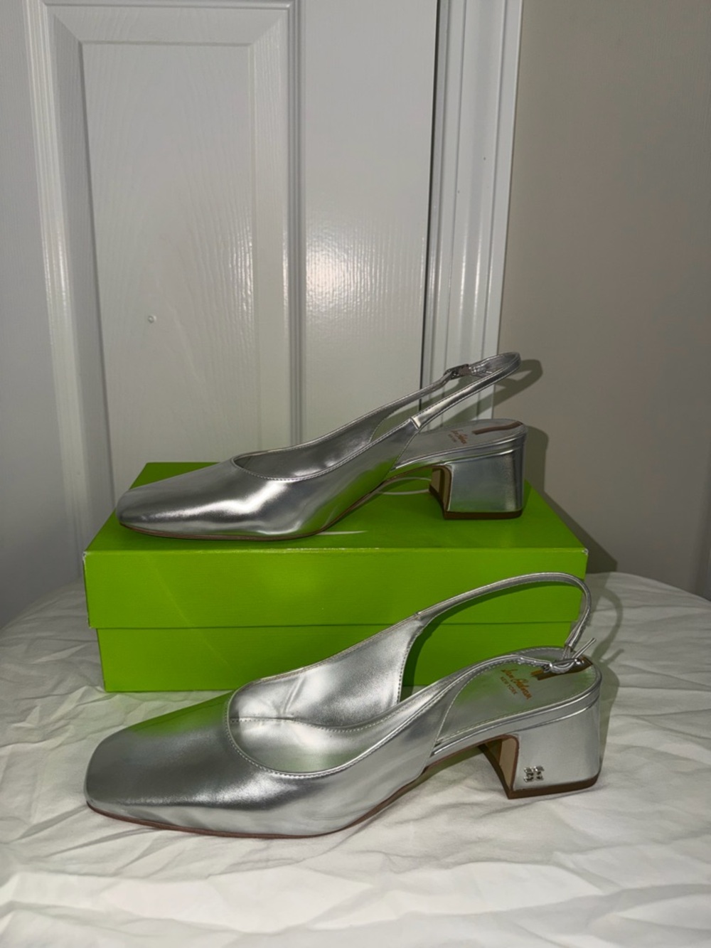 Sam Edelman Metallic Silver Slingback Block Heel Pumps